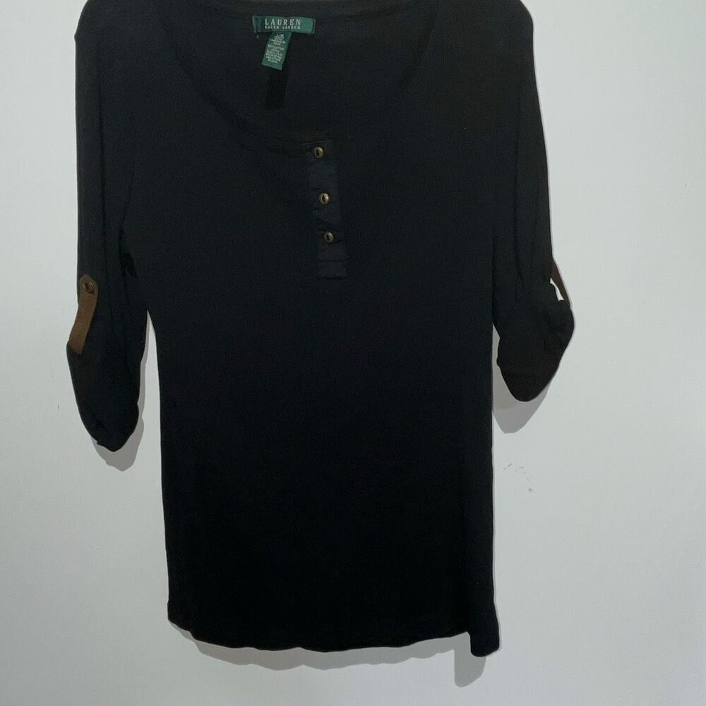 Lauren Ralph Lauren Women's Black Ribbed‎ Roll Tab Sleeve Henley Top Size Large